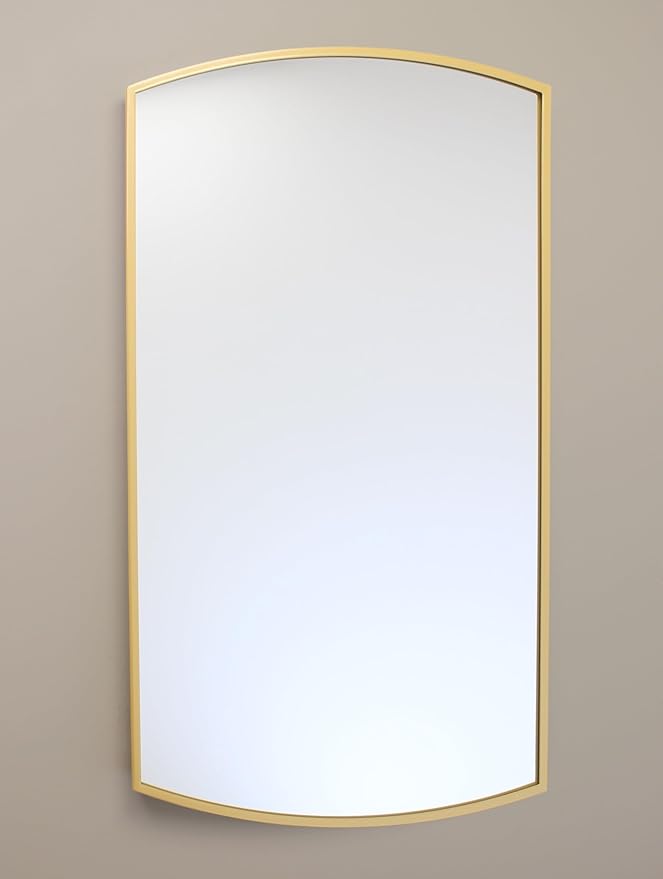 Fox Hollow Furnishings 16x26 Harper Crescent Metal Framed Rectangle Recessed Bathroom Medicine Cabinet, Arced Mirror, 14x24 in-Wall Opening, Adjustable Glass Shelves, Magnet Close, Gold