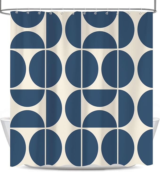 Dark Blue Mid Century Modern Shower Curtain, Boho Abstract Geometric Retro Art Shower Curtains for Bathroom, Colorful Unique Pattern Polyester Fabric Shower Curtain Set 12 Hooks 72X72IN