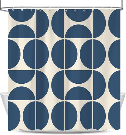 Dark Blue Mid Century Modern Shower Curtain, Boho Abstract Geometric Retro Art Shower Curtains for Bathroom, Colorful Unique Pattern Polyester Fabric Shower Curtain Set 12 Hooks 72X72IN