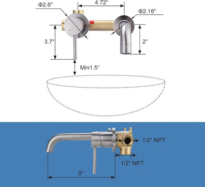 ARCORA Wall Mount Bathroom Faucet, Brushed Nickel Single Handle Bathroom Sink Faucet Wall Mounted, Rough-in Valve Included