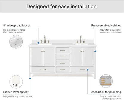 ARIEL Cambridge 72-inch Bathroom Vanity with Sink,Solid Wood, 1.5-inch Pure White Quartz Countertop & Backsplash, Double Rectangular Porcelain Sink, 4 Soft Closing Doors, 6 Dovetail Drawers, White