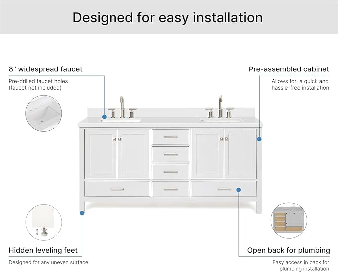 ARIEL Cambridge 72-inch Bathroom Vanity with Sink,Solid Wood, 1.5-inch Pure White Quartz Countertop & Backsplash, Double Rectangular Porcelain Sink, 4 Soft Closing Doors, 6 Dovetail Drawers, White