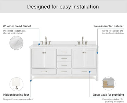 ARIEL Cambridge 72-inch Bathroom Vanity with Sink,Solid Wood, 1.5-inch Pure White Quartz Countertop & Backsplash, Double Rectangular Porcelain Sink, 4 Soft Closing Doors, 6 Dovetail Drawers, White