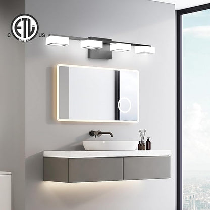 LED Modern Bathroom Light Fixtures Over Mirror, 4-Light Dimmable Vanity Lights, Matte Black Acrylic Bathroom Vanity Light, 2700K-6500K Adjustable, ETL Certificated