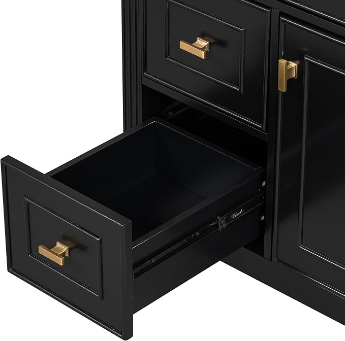 30" Bathroom Vanity with Ceramic Sink, 1 Flip Drawer & 2 Side Drawers, Modern Freestanding Storage Cabinet w/Adjustable Shelf & Golden Metal Handles, Solid Wood Frame, Black