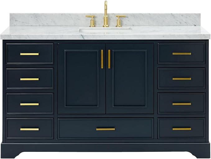 Langford 60-inch Midnight Blue Bathroom Vanity with Center Rectangle Single Sink, Italian Carrara Marble Countertop & Backsplash, Solid Wood Frame, Soft-Closing & Dovetail Drawers