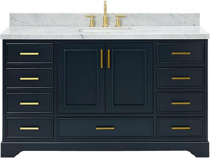 Langford 60-inch Midnight Blue Bathroom Vanity with Center Rectangle Single Sink, Italian Carrara Marble Countertop & Backsplash, Solid Wood Frame, Soft-Closing & Dovetail Drawers