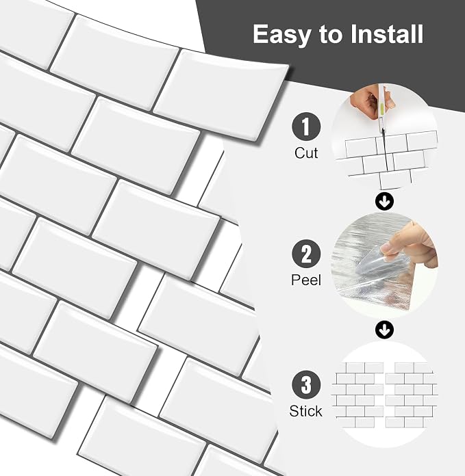 10 Sheets Thicker Design Peel and Stick Backsplash, 12"x12" Peel and Stick Wall Tiles, Subway Look Marble Tiles Backsplash for Kitchen and Bathroom, White