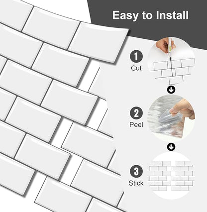 10 Sheets Thicker Design Peel and Stick Backsplash, 12"x12" Peel and Stick Wall Tiles, Subway Look Marble Tiles Backsplash for Kitchen and Bathroom, White