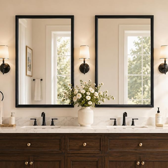 2 Pack Black Bathroom Mirrors for Over Sink 24x36 Inch | Inner Arc Aluminum Frame Rectangle Vanity Mirror Set for Double Sink, HD Tempered Glass, Anti-Rust, Horizontal or Vertical