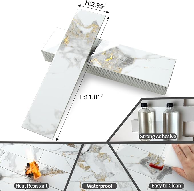 AULIGET 4-Piece Polished White Marble with Gold Peel and Stick Backsplash Wall Tiles, 3" x 12" PVC Faux Stone Stick on Tiles for Backsplash Kitchen, Bathroom, Laundry Room, Camper, Fireplace