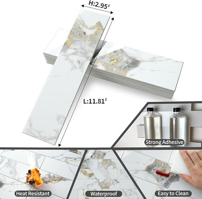 AULIGET 40-Piece Polished White Marble with Gold Peel and Stick Backsplash Wall Tiles, 3" x 12" PVC Faux Stone Stick on Tiles for Backsplash Kitchen, Bathroom, Laundry Room, Camper, Fireplace