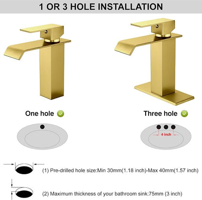 Midanya Waterfall Bathroom Sink Faucet 1 Hole,Gold | with cUPC Hoses,Pop Up Drain,Deck Plate,for 1 or 3 hole sink,Vanity,RV,Lavatory,Basin,Farmhouse,Stainless Steel,Single Handle