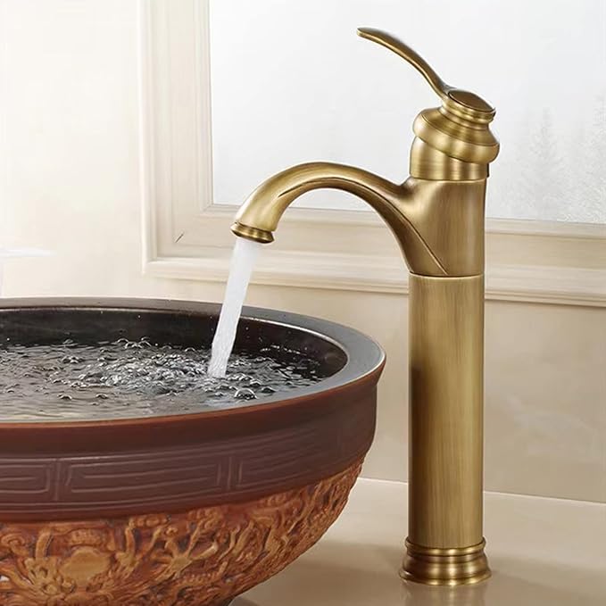 Vintage Bathroom Faucet, Cold Hot Mixer Vanity Tap, Single Hole, Antique Brass High, Gold(Antique)