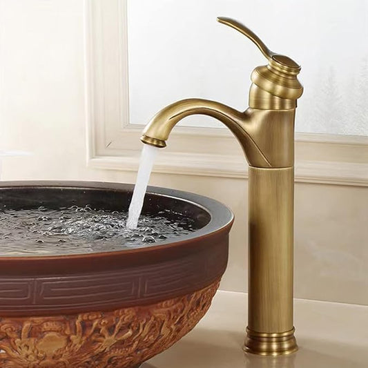 Vintage Bathroom Faucet, Cold Hot Mixer Vanity Tap, Single Hole, Antique Brass High, Gold(Antique)
