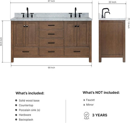 ARIEL Cambridge 66-inch Bathroom Vanity with Sink,Solid Wood, 1.5-inch Italian Carrara Marble Countertop, Double Rectangular Porcelain Sink, 4 Soft Closing Doors, 6 Dovetail Drawers, Brown Oak