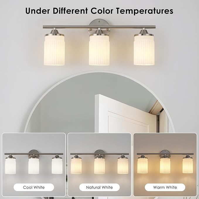 Jonsi Nickel Bathroom Light Fixtures 3-Light Vanity Lights Modern Wall Sconce with Milk White Shade Brushed Nickel Bathroom Light Fixture Over Mirror for Bedroom Hallway Kitchen