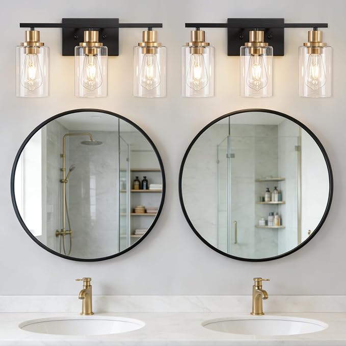 3 Light Bathroom Wall Light Fixture Vanity Wall Lights Over Mirror | Wall Sconce Lighting with Clear Glass Shades, Modern Wall Lights Wall Lamp for Mirror, Hallway Kitchen Bedroom Cabinet