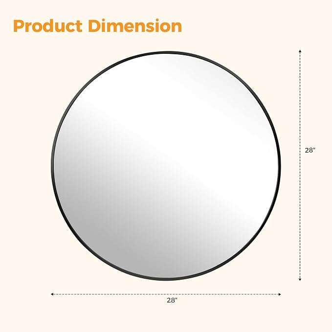 DUMOS 28 Inch Round Wall Mirror, Bathroom Mirror, Black | Metal Frame, HD Reflection Shatterproof Glass Vanity, Decor for Bathroom Vanity Bedroom Entryway