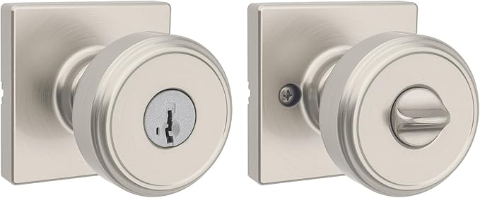 Kwikset Maven Entry Door Knob with Lock and Key, Secure Keyed Handle Exterior, Square Front Entrance and Bedroom, Satin Nickel, Pick Resistant SmartKey Rekey Security and Microban