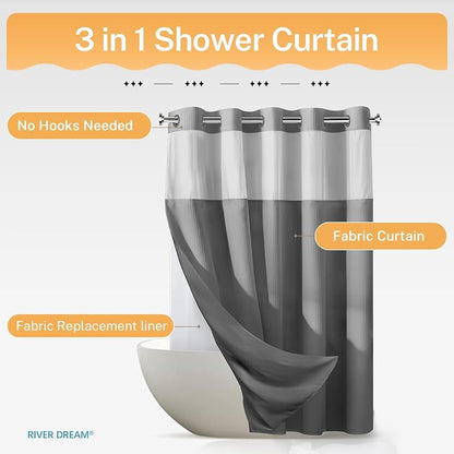 River Dream Heavyweight Waffle No Hook Shower Curtain with Liner,Gray,71x74 | Dotted Waffle,Snap-in Liner,Heavy Duty,Quick Dry,Mesh Top Window,With Bottom Magnets,Hotel-Grade,Washable,Standard Size