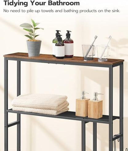 HOOBRO Over The Toilet Storage Cabinet, Freestanding Bathroom Organizer with Toilet Paper Holder, Hooks, 5-Tier Bathroom Storage Shelves for Laundry Room, Space Saver, Rustic Brown and Black BF84TS01