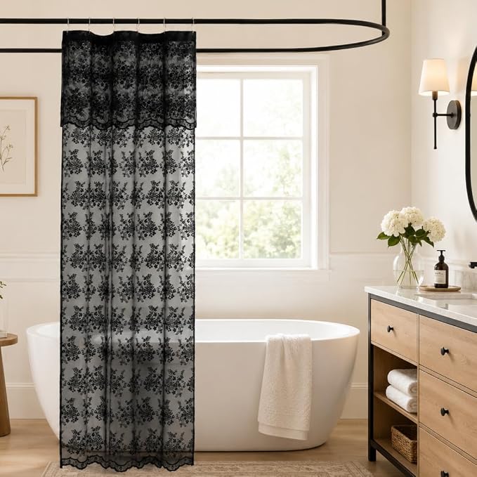 TUDECO Black Lace Shower Curtain for Small Bathroom, 36''W x 72''L | Half Size, Gothic Bathroom Decor, Delicate Floral, Attached Valance, Scalloped Edges, Semi- Privacy