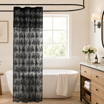 TUDECO Black Lace Shower Curtain for Small Bathroom, 36''W x 72''L | Half Size, Gothic Bathroom Decor, Delicate Floral, Attached Valance, Scalloped Edges, Semi- Privacy