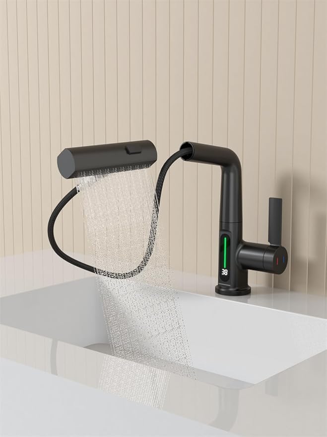 Bathroom Single Handle Basin Sink Pull Out Faucet with Rainfall Spray Head Temperature Digital Display Vanity Mixer Tap Matte Black