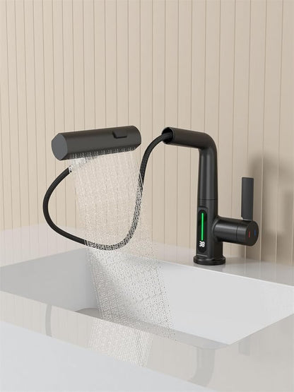Bathroom Single Handle Basin Sink Pull Out Faucet with Rainfall Spray Head Temperature Digital Display Vanity Mixer Tap Matte Black