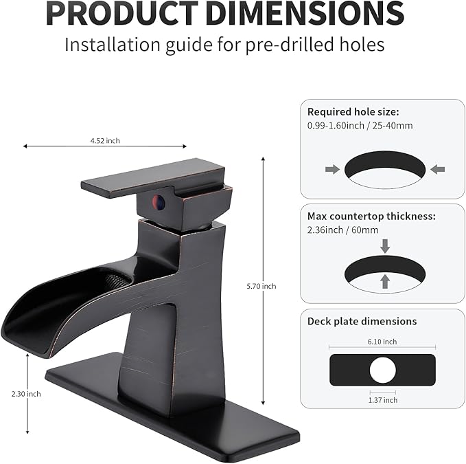 Oil-Rubbed Bronze Waterfall Bathroom Faucet, Sanliv Single Handle Centerset Bathroom Sink Faucet with Pop-Up Drain & Deck Plate for 1 or 3-Hole (4 inch) Installation, Bronze Vanity Faucet, ORB