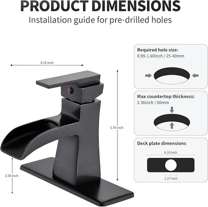 Oil-Rubbed Bronze Waterfall Bathroom Faucet, Sanliv Single Handle Centerset Bathroom Sink Faucet with Pop-Up Drain & Deck Plate for 1 or 3-Hole (4 inch) Installation, Bronze Vanity Faucet, ORB