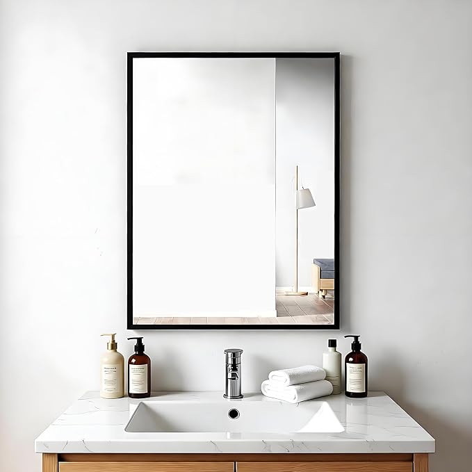 Rectangular Wall Mirror, Black Aluminum Frame, 20x28 Inches, Modern Style, Tempered Glass, Wall Mount for Bathroom Bedroom Living Room