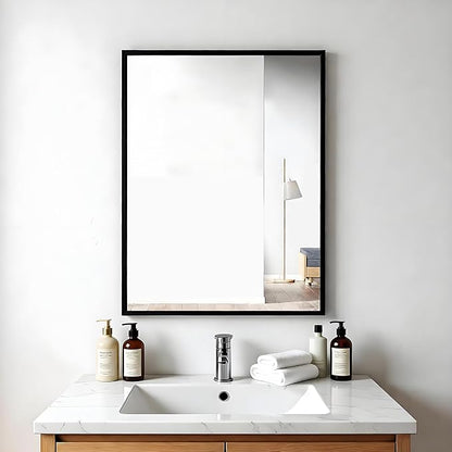 Rectangular Wall Mirror, Black Aluminum Frame, 20x28 Inches, Modern Style, Tempered Glass, Wall Mount for Bathroom Bedroom Living Room