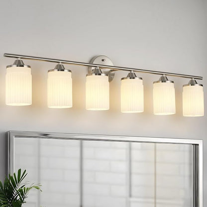 Jonsi Nickel Bathroom Light Fixtures 6-Light Vanity Lights Modern Wall Sconce with Milk White Shade Brushed Nickel Bathroom Light Fixture Over Mirror for Bedroom Hallway Kitchen