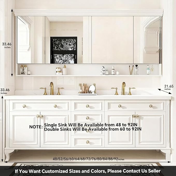 48-92IN Single/Double Sink Bathroom Vanity, Defogging Smart Mirror, Modern American Free Standing Vanity with Bathroom Cabinet