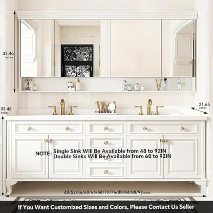 48-92IN Single/Double Sink Bathroom Vanity, Defogging Smart Mirror, Modern American Free Standing Vanity with Bathroom Cabinet