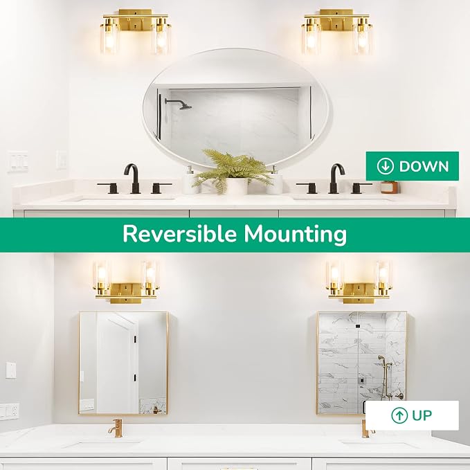 EDISHINE 2-Light Gold Vanity Lights Over Mirror, Modern Wall Sconces, E26 | Clear Glass Shades, Metal Frame with Brushed Brass Finish, Ideal for Powder Room, Vanity Table, Kitchen