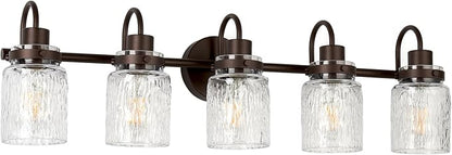 5 Lights Bathroom Vanity Light, Oil Rubbed Bronze Bathroom Light Fixtures with Hammered Glass Lampshade for Dressing Table,Over Mirror,Hallway
