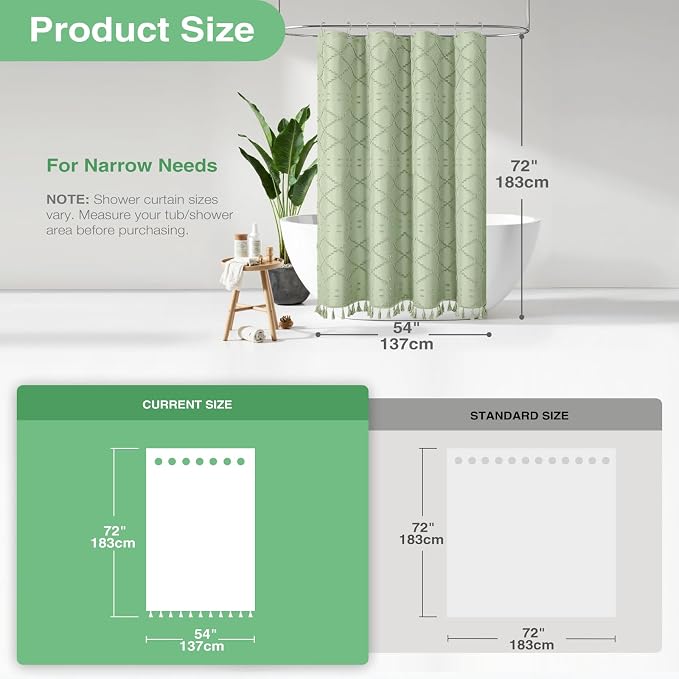 Stall Boho Shower Curtain Tufted Geometric 54"x72" Sage Green | 54 Inch Wide, Elegant Tassel, Lightweight Textured Fabric, Water Repellent, Washable, for Narrow Bathroom/Dorm 10 Hooks