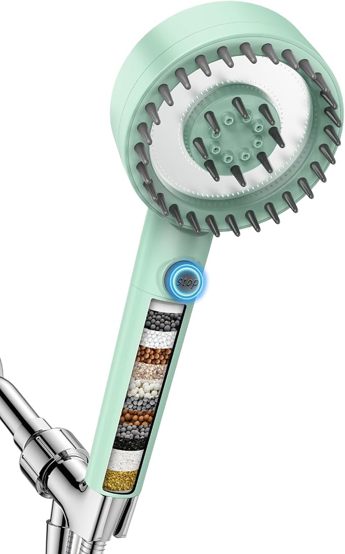 Filtered Shower Head with Handheld, High Pressure Showerhead with Filters | 4 Spray, ON/OFF Button for Pets, Detachable Shower Heads with Water Softener Filter Beads for Hard Water- Remove Chlorine