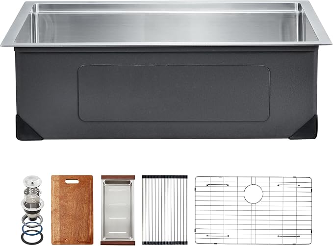 VEVOR 23 inch Kitchen Single Sink, 304 Stainless Steel Undermount Sink Drop-In Single Bowl Farmhouse Basin with Ledge & Multiple Accessories, Household Dishwasher Sinks for Prep Kitchen, Bar 23"*19"