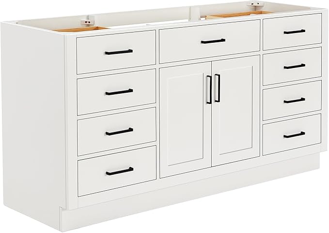 ARIEL Hepburn 66-inch Bathroom Vanity Base Cabinet,Solid Wood, 2 Soft Closing Doors, 9 Dovetail Drawers, White