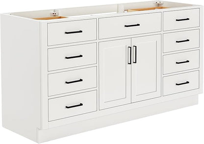 ARIEL Hepburn 66-inch Bathroom Vanity Base Cabinet,Solid Wood, 2 Soft Closing Doors, 9 Dovetail Drawers, White