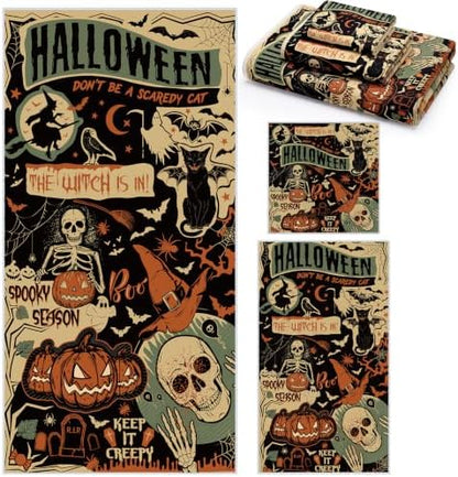 Moukeren Set of 3 Halloween Bath Towels, Gothic Skeleton Bathroom Decor