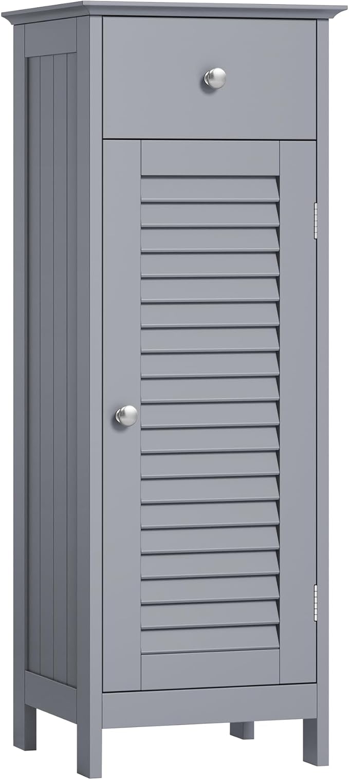 VASAGLE Storage Cabinet, Small Slim Floor Cabinet with Drawer and Shutter Door, for Living Room, Bathroom, 11.8 x 12.6 x 34.3 Inches, Dove Gray UBBC043G02