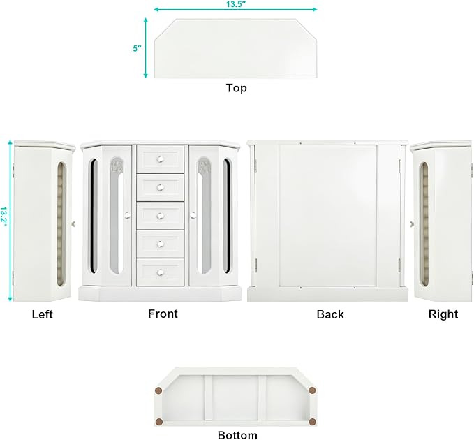 RR ROUND RICH DESIGN Vintage Jewelry Armoire with Mirror White | Solid Wood Jewelry Box Organizer with 5 Drawers & 2 Glass Doors - Large Capacity Desktop Dresser Case