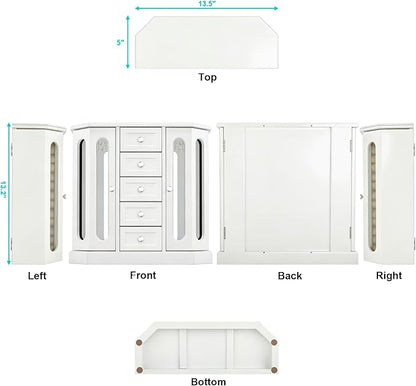 RR ROUND RICH DESIGN Vintage Jewelry Armoire with Mirror White | Solid Wood Jewelry Box Organizer with 5 Drawers & 2 Glass Doors - Large Capacity Desktop Dresser Case