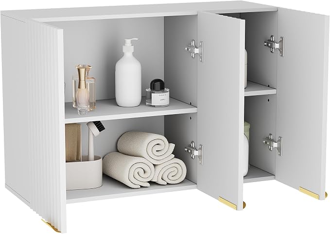 ChooChoo Bathroom Wall Cabinet, Laundry Room Cabinet with 3 Fluted Doors | Kitchen Storage Cupboard Cabinet with Adjustable Shelf, Fluted Wall-Mounted Medicine Cabinet for Kitchen, Garage, White