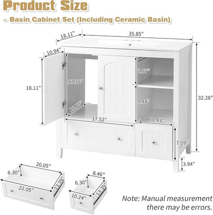 VINGLI 36" Modern Bathroom Vanity with Ceramic Sink, White Bathroom Vanity Cabinet w/2 Stripe Doors & 2 Drawers, Bathroom Sink Cabinet Combo, Floor Storage Cupboard w/Open Shelf for Bathroom